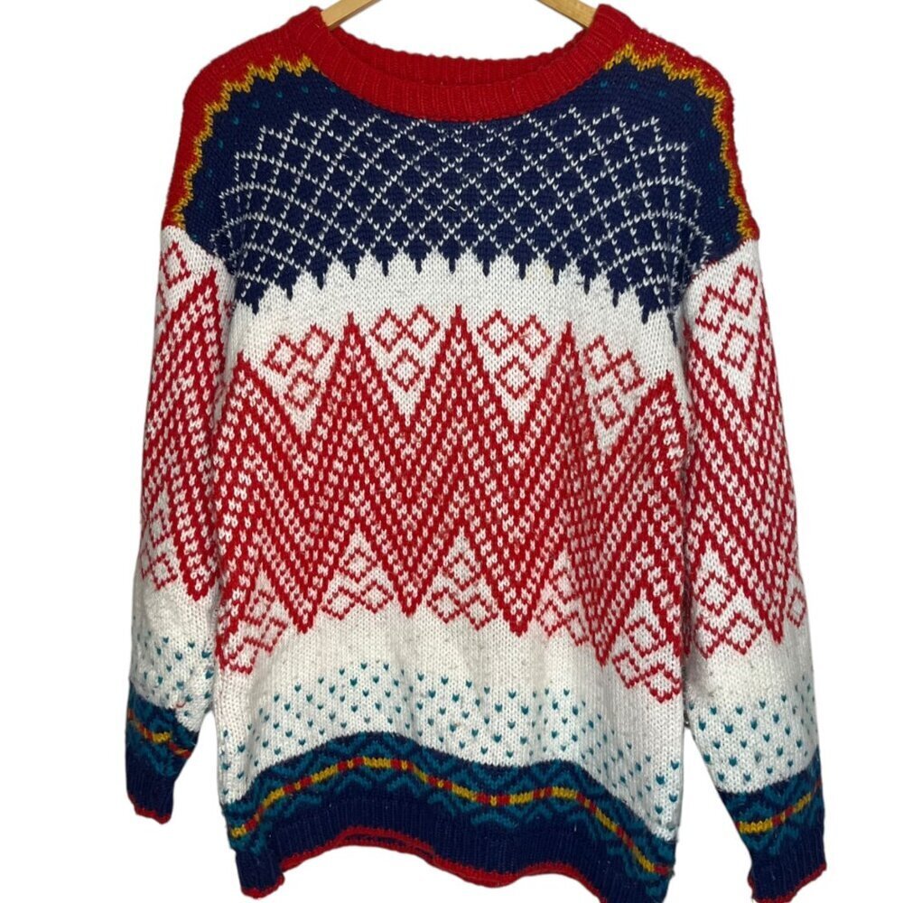 Vtg One Step Up Women's M Sweater Fair Isle‎ Diamond Knit 80s Acrylic Colorful